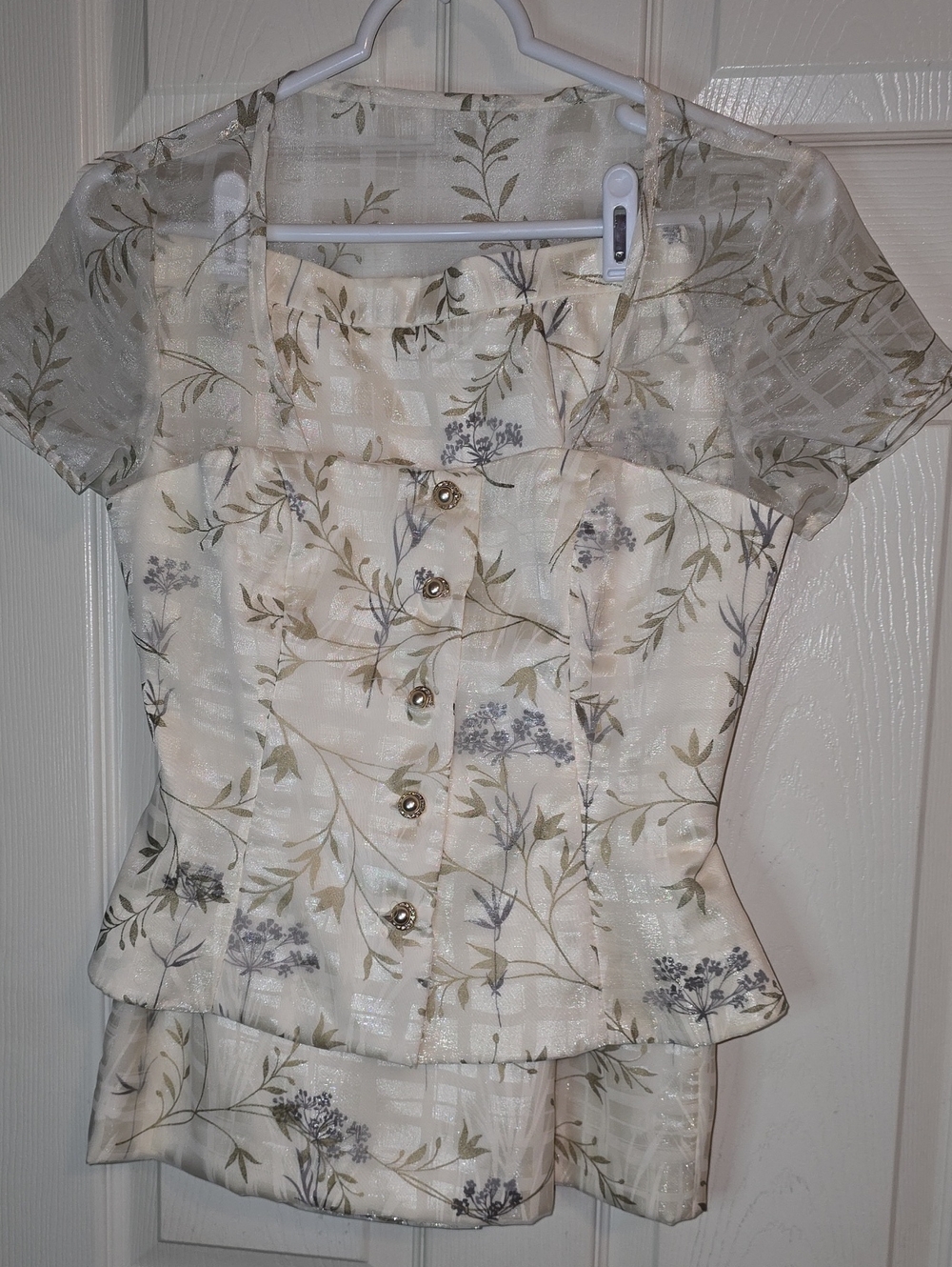 Elegant Cream Floral Skirt Set with Sheer Top
